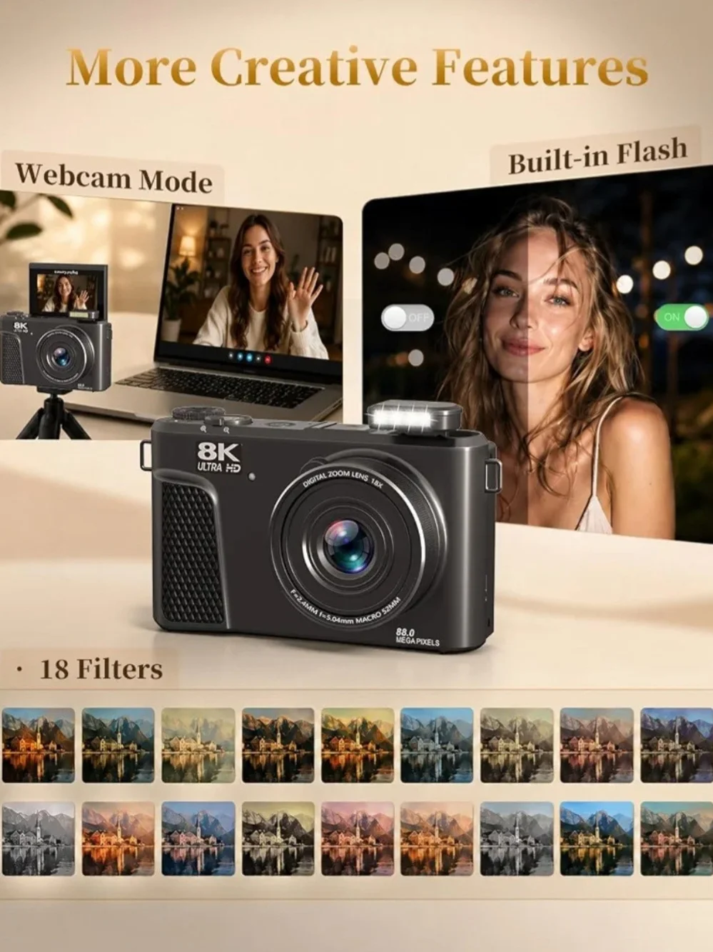 8K Digital Camera, 88MP Autofocus Camera for Beginners & Photography, WiFi 8K V